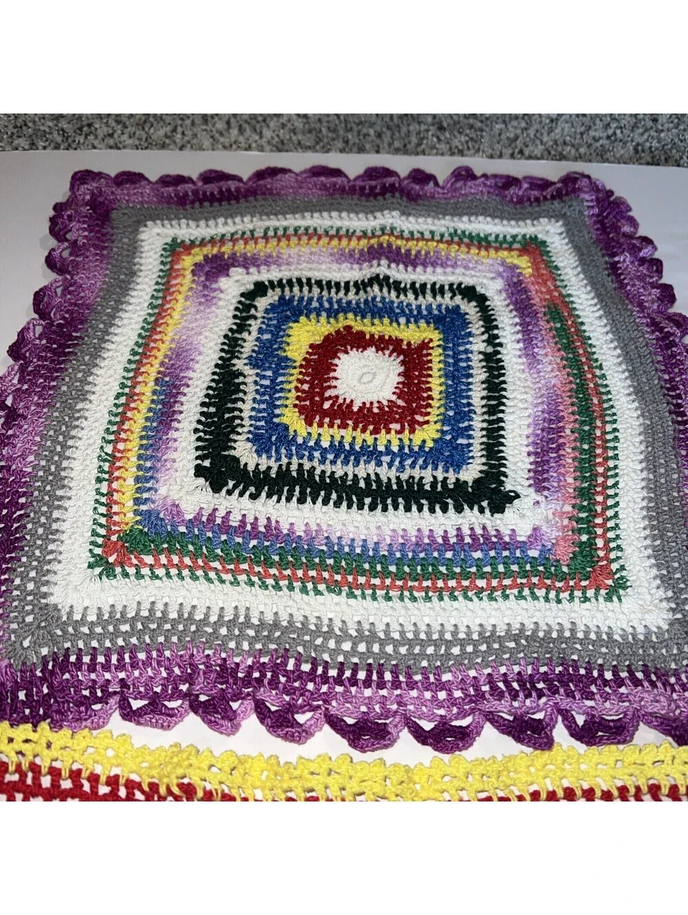 Set Of 2 Vintage Square Multi Color Doilies. 13” And 17”